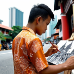 **

A young Malay artist sketching in a vibrant, bustling Kuala Lumpur street scene. The artist is wearing a batik shirt and has a focused expression. In the background, modern buildings blend with traditional architecture, showcasing Malaysia's cultural richness. The scene should evoke a sense of passion and creative energy, highlighting the journey of turning a hobby into a profession. Use warm, inviting colors and slightly blurred background to emphasize the artist.

**