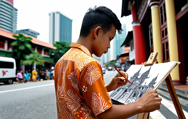 **

A young Malay artist sketching in a vibrant, bustling Kuala Lumpur street scene. The artist is wearing a batik shirt and has a focused expression. In the background, modern buildings blend with traditional architecture, showcasing Malaysia's cultural richness. The scene should evoke a sense of passion and creative energy, highlighting the journey of turning a hobby into a profession. Use warm, inviting colors and slightly blurred background to emphasize the artist.

**