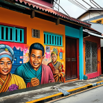 **A vibrant mural in a Kuala Lumpur back alley, depicting scenes of traditional Malaysian life blended with modern elements. Graffiti art style, bright colors, celebrating local culture.**