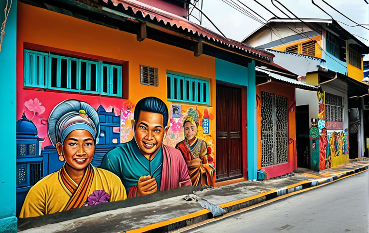 **A vibrant mural in a Kuala Lumpur back alley, depicting scenes of traditional Malaysian life blended with modern elements. Graffiti art style, bright colors, celebrating local culture.**