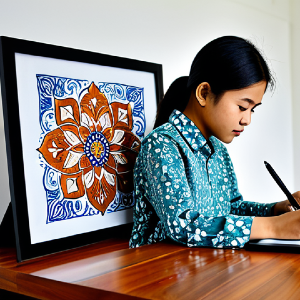 A young Malay professional artist, fully clothed in a modest, modern shirt with subtle batik patterns, is intensely focused while drawing on a large digital tablet with a stylus. They are seated at a sleek, minimalist wooden desk in a well-lit, contemporary art studio. In the background, a subtle traditional Malay wood carving and a framed abstract batik print adorn the wall, blending heritage with modern design. The digital artwork on the tablet clearly displays intricate traditional Malay motifs. Perfect anatomy, correct proportions, natural pose, well-formed hands, proper finger count, safe for work, appropriate content, fully clothed, professional, high-resolution photography, detailed, vibrant colors.
