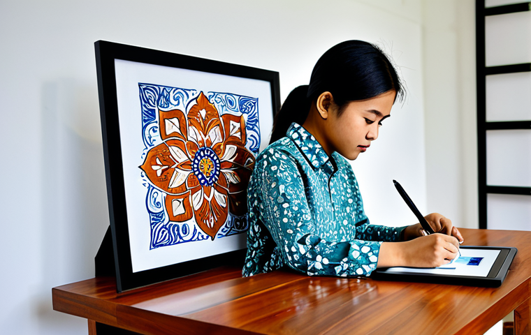 A young Malay professional artist, fully clothed in a modest, modern shirt with subtle batik patterns, is intensely focused while drawing on a large digital tablet with a stylus. They are seated at a sleek, minimalist wooden desk in a well-lit, contemporary art studio. In the background, a subtle traditional Malay wood carving and a framed abstract batik print adorn the wall, blending heritage with modern design. The digital artwork on the tablet clearly displays intricate traditional Malay motifs. Perfect anatomy, correct proportions, natural pose, well-formed hands, proper finger count, safe for work, appropriate content, fully clothed, professional, high-resolution photography, detailed, vibrant colors.