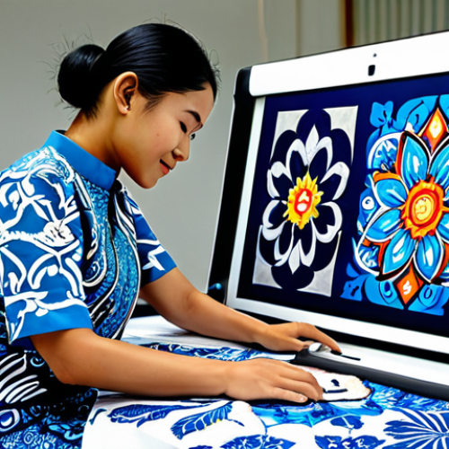 AI-Enhanced Batik Design**

"A Malaysian artist working in a bright studio, designing a batik pattern using an AI-powered software on a large tablet. The design incorporates both traditional motifs and futuristic elements, showcasing the fusion of heritage and technology. The artist is wearing a modern baju kurung. Background includes various batik tools and finished fabrics. Style: Professional photography, vibrant colors, showcasing innovation and cultural preservation, appropriate content, fully clothed, modest, safe for work, perfect anatomy, natural proportions."

**