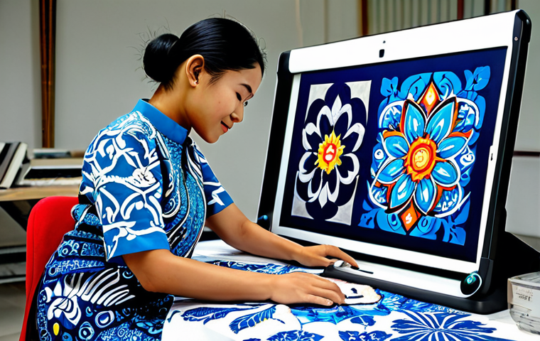 AI-Enhanced Batik Design**

"A Malaysian artist working in a bright studio, designing a batik pattern using an AI-powered software on a large tablet. The design incorporates both traditional motifs and futuristic elements, showcasing the fusion of heritage and technology. The artist is wearing a modern baju kurung. Background includes various batik tools and finished fabrics. Style: Professional photography, vibrant colors, showcasing innovation and cultural preservation, appropriate content, fully clothed, modest, safe for work, perfect anatomy, natural proportions."

**