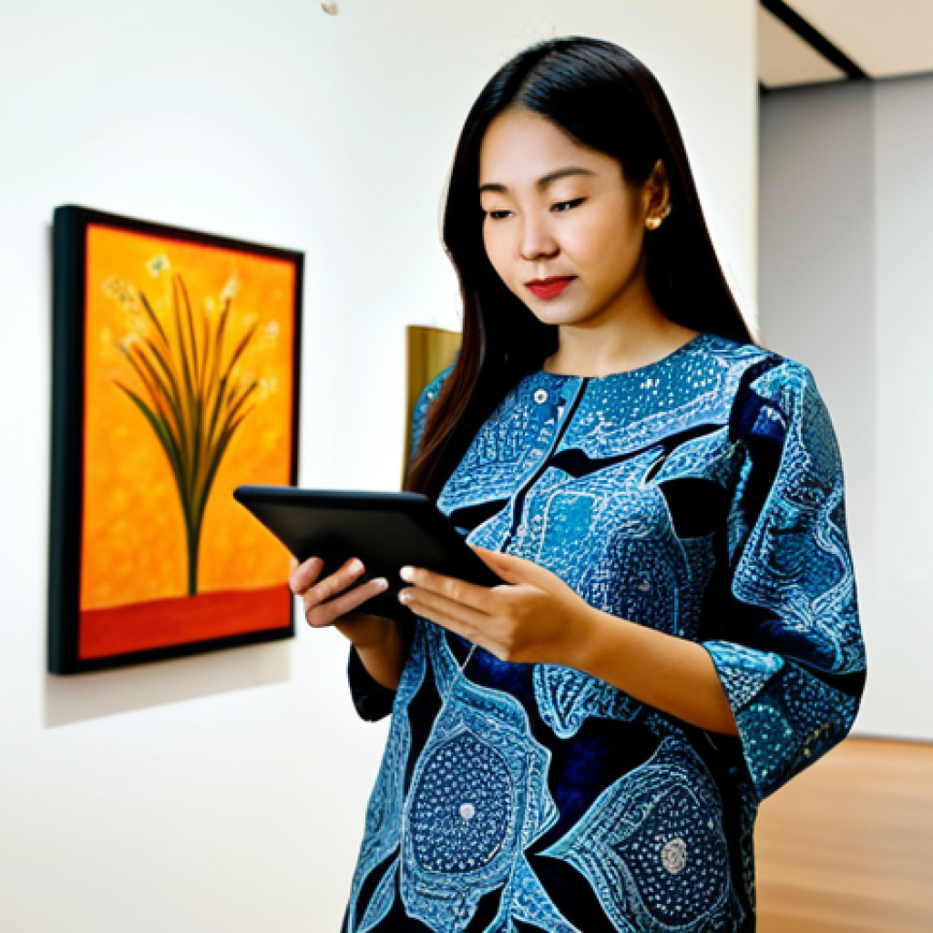The Curator's Eye**

A Malaysian art curator, fully clothed in a stylish batik top and slacks (appropriate attire, modest clothing), stands in a modern art gallery filled with colorful paintings by local artists. She is holding a tablet, reviewing artwork details, and looking thoughtfully at a painting. The gallery has soft, natural lighting. The scene should convey professionalism and expertise. Safe for work, appropriate content, family-friendly, perfect anatomy, correct proportions, natural pose, well-formed hands, proper finger count, natural body proportions, high quality, professional photography.

**