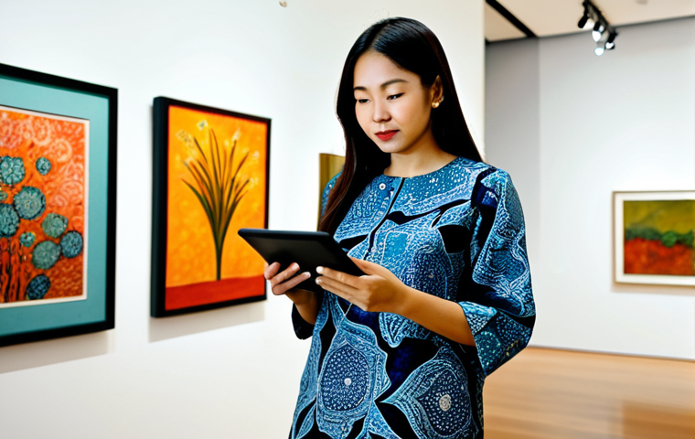 The Curator's Eye**

A Malaysian art curator, fully clothed in a stylish batik top and slacks (appropriate attire, modest clothing), stands in a modern art gallery filled with colorful paintings by local artists. She is holding a tablet, reviewing artwork details, and looking thoughtfully at a painting. The gallery has soft, natural lighting. The scene should convey professionalism and expertise. Safe for work, appropriate content, family-friendly, perfect anatomy, correct proportions, natural pose, well-formed hands, proper finger count, natural body proportions, high quality, professional photography.

**